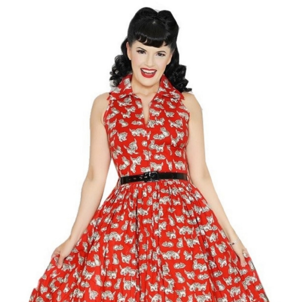 Bernie Dexter Mari Dress Red Kitten Print Pin-up